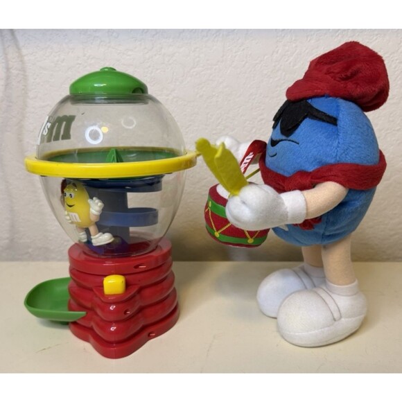 M&M's Collectible Spinning Candy Dispenser & Blue M&M Plush Drummer Lot of 2 - Picture 2 of 15